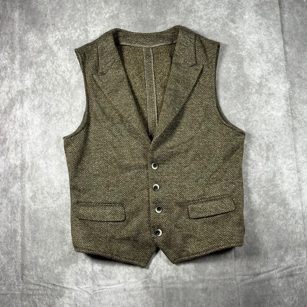 Bottega del Sarto Mens IT 48 UK 38 Brown Herringbone Wool Waistcoat Lapel Vest